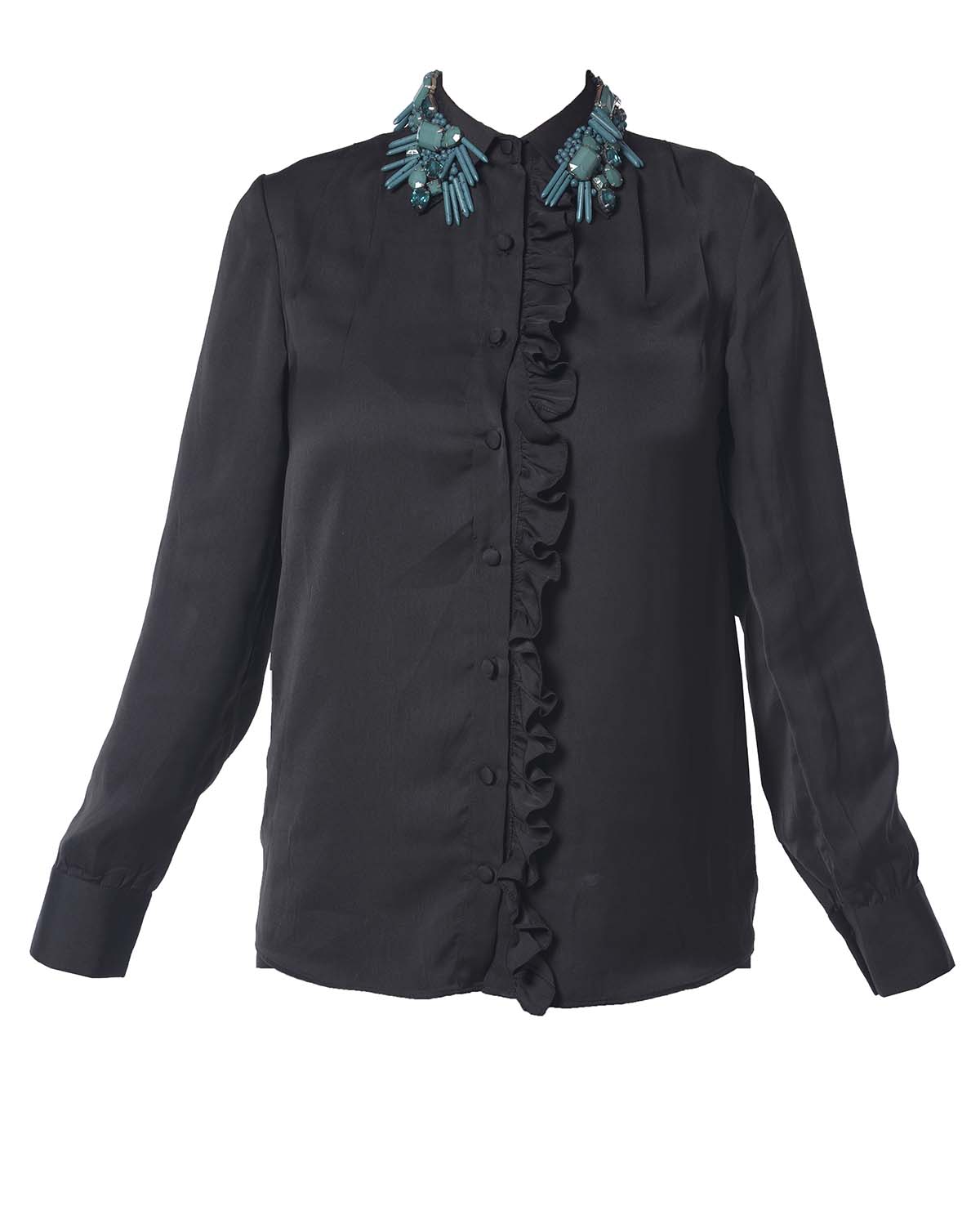 Black ruffle shirt with embroidered collar